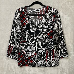 Jams World Kava Floral Hawaiian Long Sleeve V-Neck Top Womens S Red Black White